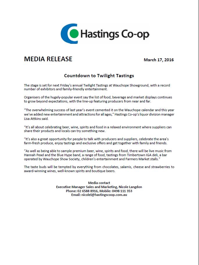 Media release, Hastings Co-op, Twilight Tastings, Food and Wine, jumping castle, kids entertainment, 