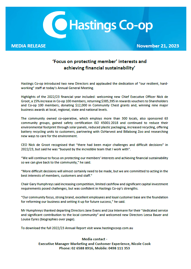 Media release regarding 2023 AGM