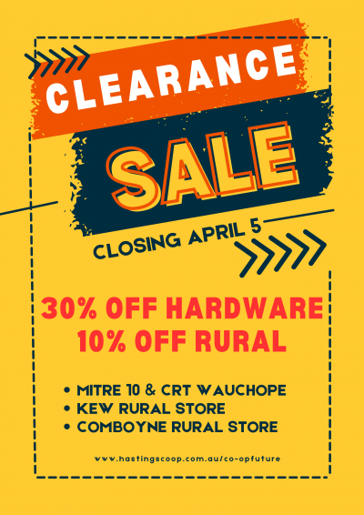 Poster for clearance sale at Mitre 10 & CRT, Kew and Comboyne Rural Stores